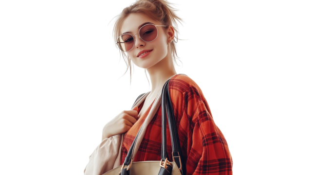 Fashion influencer in a trendy outfit, holding stylish bags, confident smile, isolated PNG