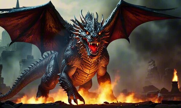 The big dragon destroy the city , 4k video.