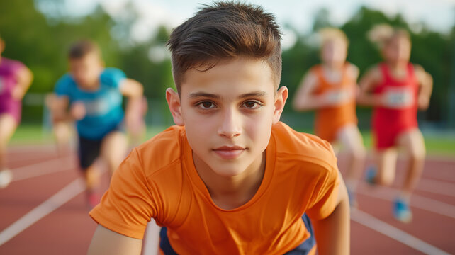 focused teenage boy in orange sports shirt prepares to sprint on track, surrounded by other young athletes in colorful uniforms. atmosphere is energetic and competitive