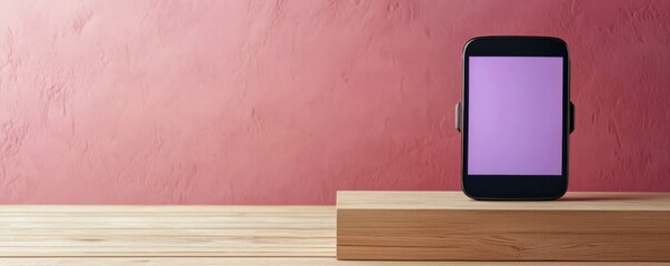 Customer experience service optimization concept. Smartphone displayed on a wooden stand against a textured pink background.