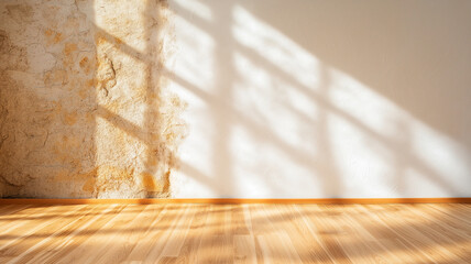 room with old textured wall and wooden floor, illuminated by soft sunlight casting shadows. warm tones create cozy atmosphere
