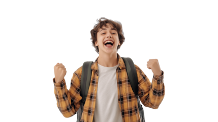 Excited teenager, enthusiastic and cheerful expression, trendy fashion, isolated PNG