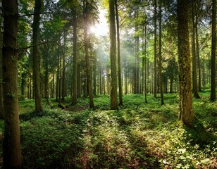Fototapeta premium panoramic view of a forest with sunlight shining through the trees