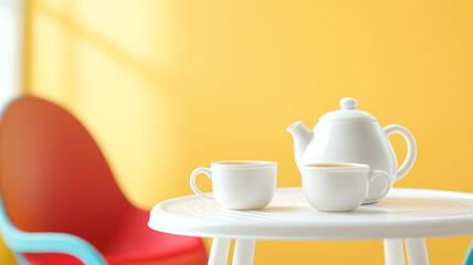 Fototapeta premium white plastic table with teapot and two cups, set against bright yellow wall. scene conveys warm and inviting atmosphere, perfect for cozy gathering