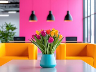 Innovative startup office lobby with vibrant Eastercolored decor and fresh flowers