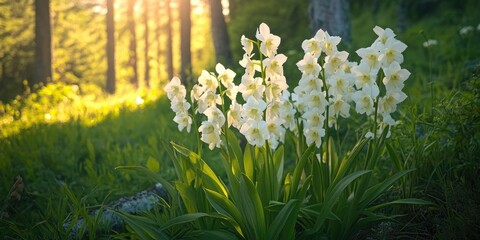 A serene forest scene featuring early spring wildflowers with sunlight filtering through the trees.