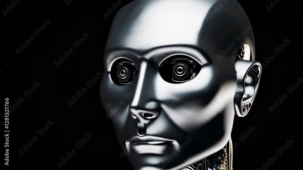 Poster metallic android head rotating slowly, revealing intricate internal mechanisms and complex technolog