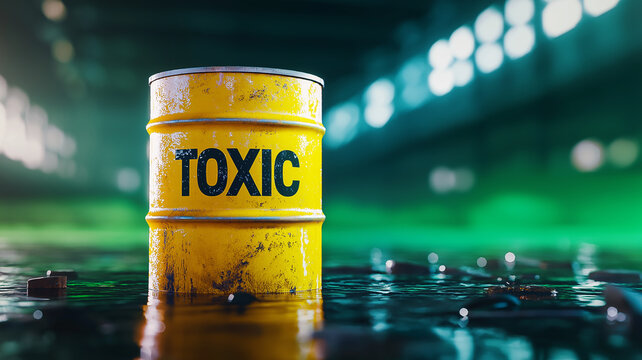 yellow metal barrel labeled TOXIC stands in dimly lit industrial setting, surrounded by water. atmosphere conveys sense of danger and contamination