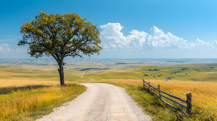 Fototapeta premium Solitary tree stands beside a winding dirt road leading through rolling golden hills under a bright blue sky.