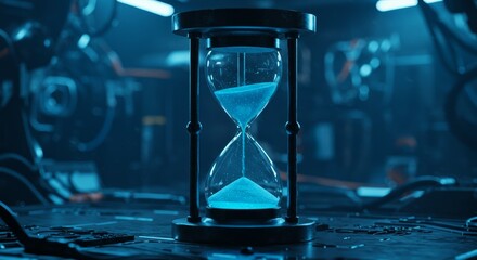 Sci-fi hourglass with glowing blue particles in a futuristic laboratory