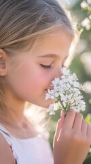 Fototapeta premium Young girl enjoys the scent of white flowers in a sunlit garden during springtime. Generative AI