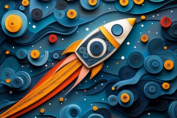 Vibrant paper quilled rocket ship soars through a swirling, starry sky, crafted with intricate detail