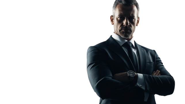 Serious businessman, sharp analytical gaze, intense focus, modern attire, isolated PNG