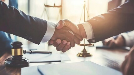Obraz premium Legal Agreement and Business Meeting Handshake with Scales and Gavel 
