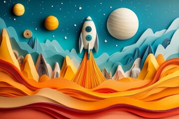 Paper art rocket launching from a vibrant landscape with mountains, planets, and stars, creating a whimsical space exploration scene