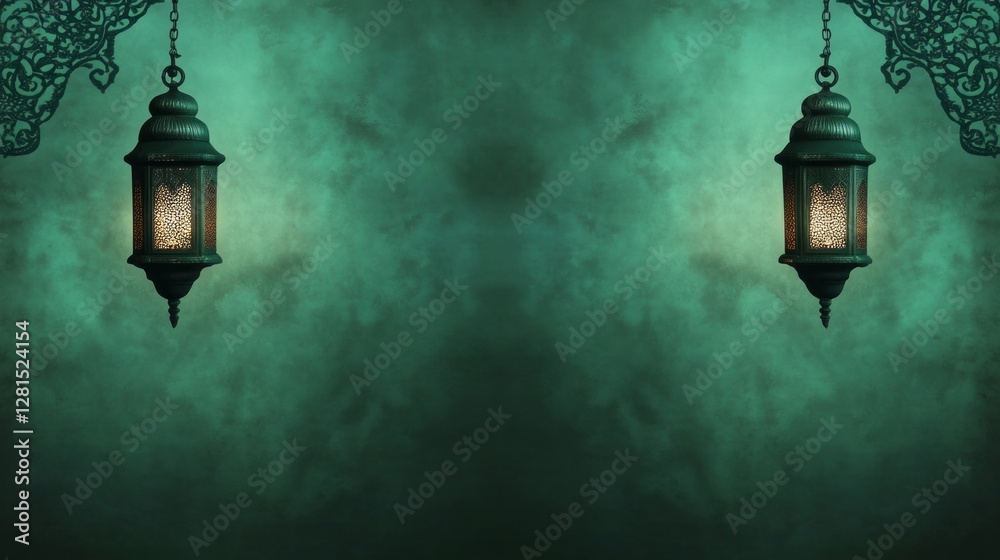 Poster soft green tones envelop two enchanting lanterns that exude warmth and light, creating a serene ambi
