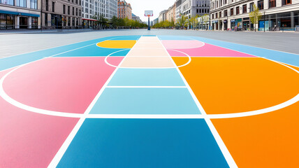 Obraz premium Colorful outdoor basketball court with vibrant geometric patterns and city backdrop. court features bright colors like pink, blue, orange, and yellow, creating inviting atmosphere for sports and