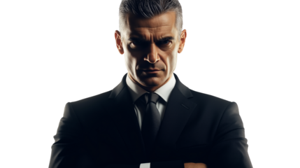 Serious businessman, sharp analytical gaze, intense focus, modern attire, isolated PNG