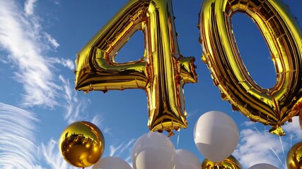 Golden 40 balloons against blue sky and clouds, white balloons below. Celebration and milestone concept - Powered by Adobe