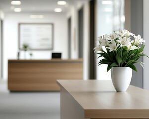 Boutique financial firm reception with fresh lilies and subtle bunnythemed art