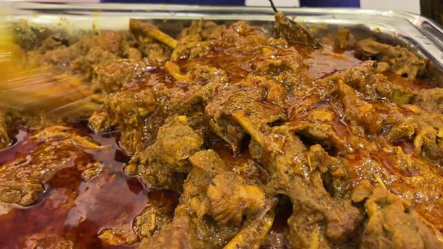Tender mutton pieces at mutton kosha dish. Bengali cuisine.