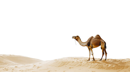 Camel standing walking on golden desert sands dunes isolated on transparent background