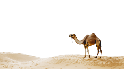 Camel standing walking on golden desert sands dunes isolated on transparent background