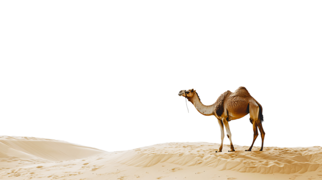 Camel standing walking on golden desert sands dunes isolated on transparent background