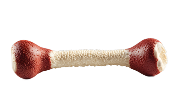 A squeaky dog toy shaped like a bone, isolated on a empty plain background