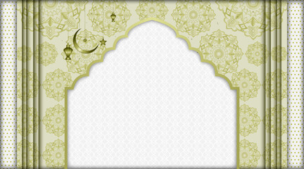 Islamic abstract background with shadow line mandala pattern, moon, lamp, star shape for greeting, banner, card, texture, flyer, decoration, poster, futuristic, eid, ramadan with olive colour