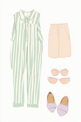 Illustration of a stylish, modern outfit with vertical stripes in soft pastel shades of mint green, lavender, and peach. The clean lines and fresh colors make the design feel trendy and light, perfect