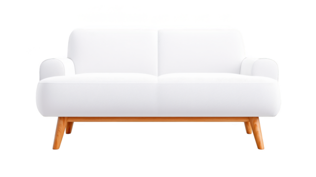 Modern white couch with wooden frame, stylish furniture for contemporary living room decor