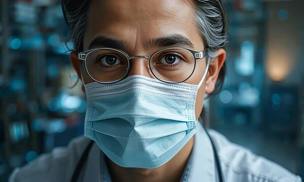 A serious-looking doctor wearing glasses and a surgical mask, staring into the camera with a focused gaze. Concept of healthcare and responsibility
