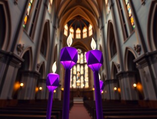 Obraz premium Four lit advent candles in a church, soft light, hazy atmosphere bright lens flare, light streaks, vibrant warm colors, glowing effect