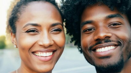 A couple smiles brightly while enjoying a warm, sunny day in an urban setting. They share a carefree moment, radiating happiness and connection with each other.