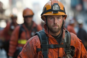 Firefighter wearing protective gear looking serious during emergency response with colleagues in the background