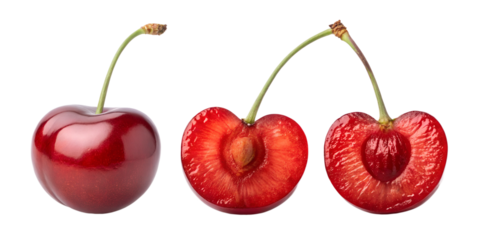 Fresh red cherries on white surface, vibrant fruit display, Cut Out