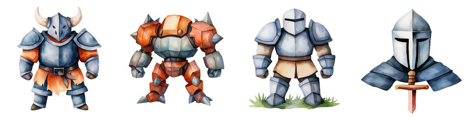 Medieval warriors in watercolor style, perfect for game design and art, isolated on transparent background.