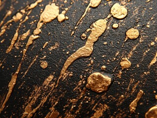 Golden paint splash on a dark textured surface creating a luxurious and artistic visual effect with a macro lens