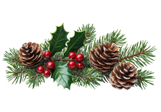 [Transparent Background PNG]Christmas Decorations Arrangement with Fir Branches Holly and Pine Cones