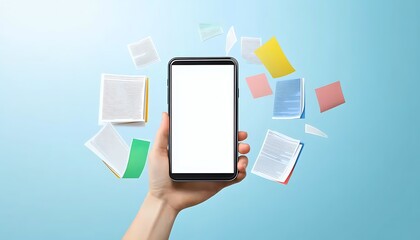 Smartphone held in hand with white screen, colorful floating documents around on light blue background. Concept of mobile technology and data sharing.