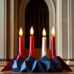 Four lit advent candles in a church, soft light, hazy atmosphere bright lens flare, light streaks, vibrant warm colors, glowing effect