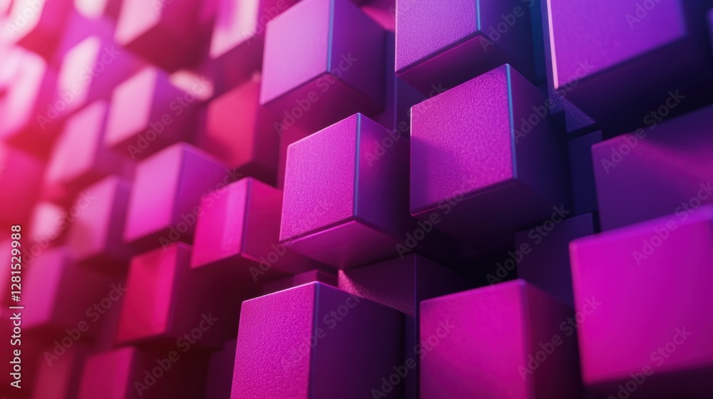 Poster abstract arrangement of vibrant magenta cubes creating a modern geometric pattern with dynamic light