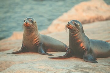 Fototapeta premium Two playful seals bask in sunlight, showcasing unique textures a
