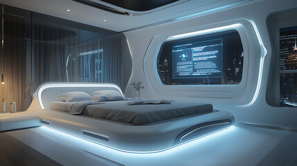 A sleek futuristic bedroom with ambient LED lighting, a smart bed adjusting its shape, and a holographic display projecting the day's schedule 