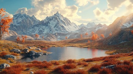 Fototapeta premium Serene autumn landscape with mountains, colorful foliage, and a tranquil lake reflecting the scenic beauty of nature in vibrant colors