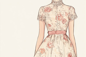 Obraz premium Illustration of a vintage floral dress with a high neckline, delicate lace detailing, and a cinched waist. The elegant, timeless design exudes classic charm, while soft, pastel flowers on the fabric