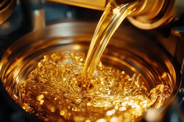 closeup of engine oil being poured into car motor golden liquid catching light technical detail automotive maintenance