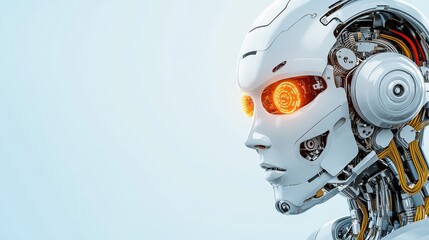 Futuristic Robot Head with Neon Orange Eyes and Intricate Mechanical Details