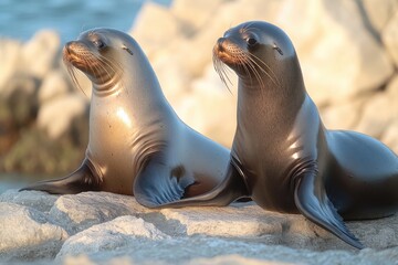 Naklejka premium Two sea lions basking in sunlight on rocky shore, showcasing the